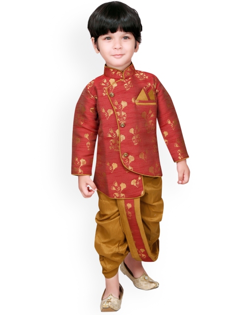 

Ridokidz Boys Maroon & Gold-Toned Woven Designed Regular Kurta with Dhoti Pants