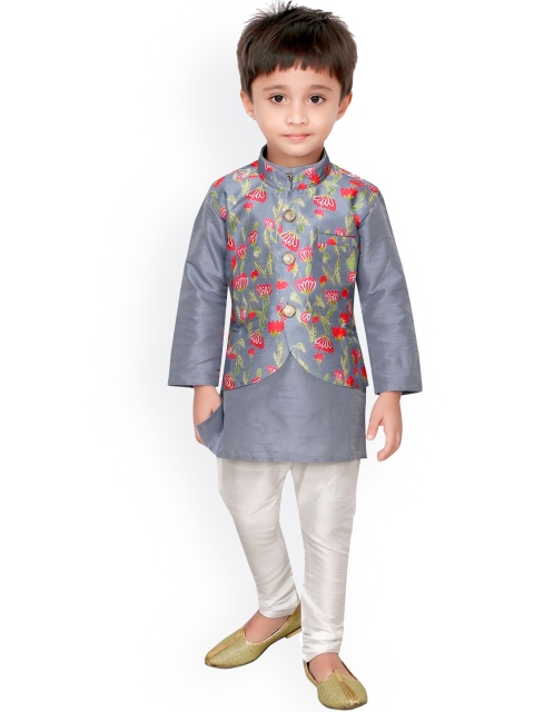 

Ridokidz Boys Grey Floral Layered Kurta with Trousers