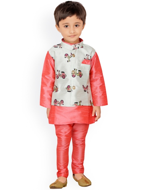 

Ridokidz Boys Lime Green Floral Embroidered Layered Kurti with Pyjamas