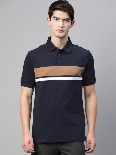 

Marks & Spencer Men Navy Blue & Brown Striped Polo Collar T-shirt