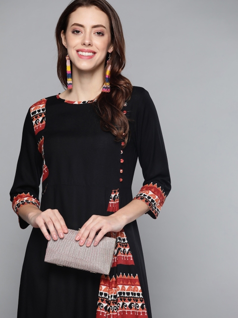 

HERE&NOW Women Black & Red Ethnic Motifs Printed Anarkali Kurta
