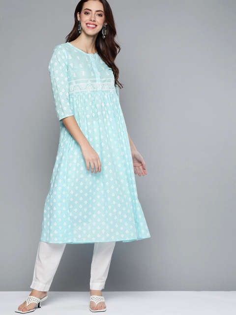 

HERE&NOW Women Blue & White Ethnic Motifs Pure Cotton Printed Kurta
