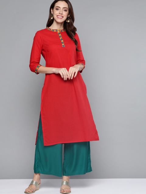 

HERE&NOW Women Red Thread Work Pure Cotton Kurta