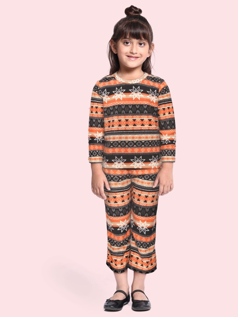 

CrayonFlakes Girls Orange & Charcoal Black Printed T-shirt with Trousers