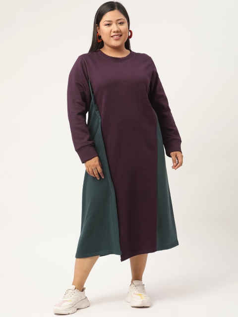 

Revolution Burgundy & Teal Colourblocked A-Line Midi Plus Size Dress