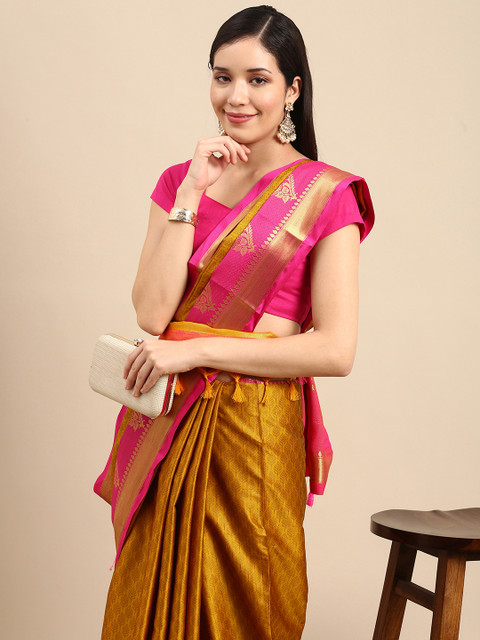 

Anouk Mustard Yellow Floral Zari Pure Silk Banarasi Saree