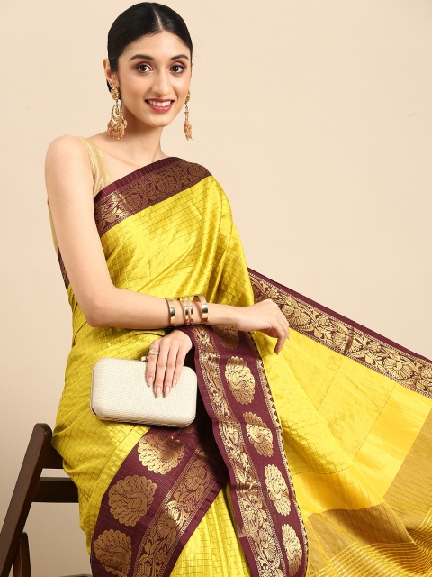 

Anouk Olive Green & Gold-Toned Checked Zari Pure Silk Banarasi Saree