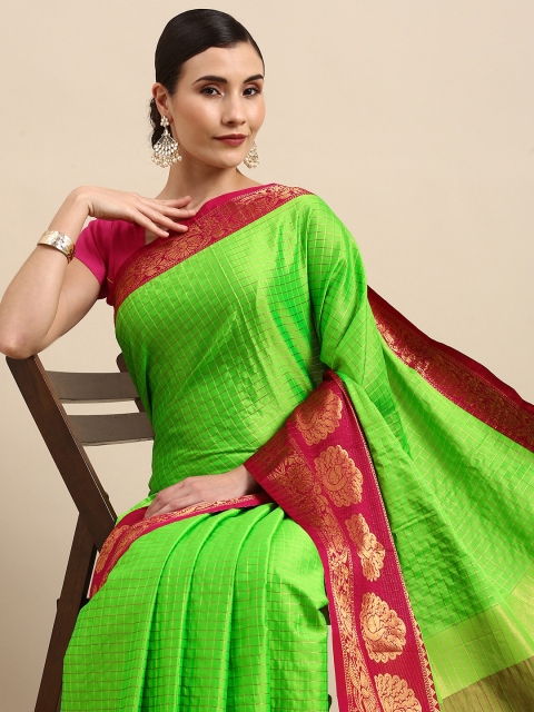 

Anouk Green & Gold-Toned Checked Pure Silk Banarasi Saree