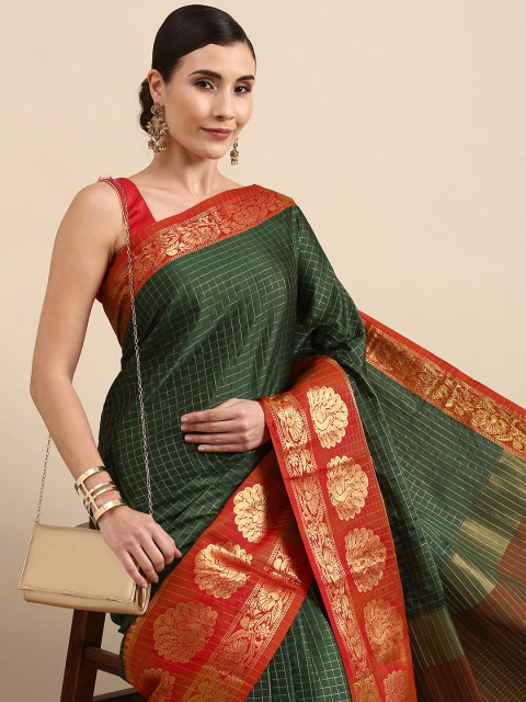 

Anouk Green & Gold-Toned Checked Zari Pure Silk Banarasi Saree