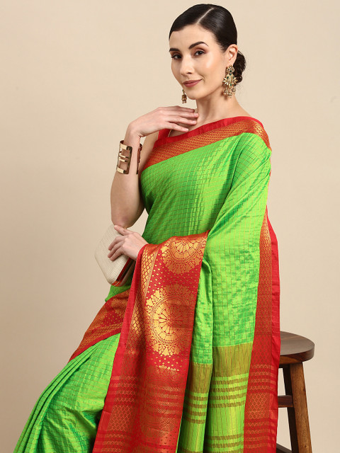 

Anouk Green & Gold-Toned Checked Zari Pure Silk Kanjeevaram Saree