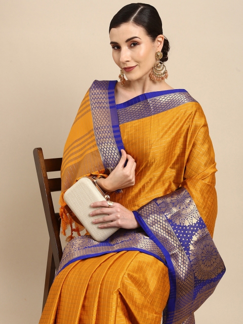 

Anouk Mustard Yellow & Gold-Toned Checked Zari Pure Silk Kanjeevaram Saree