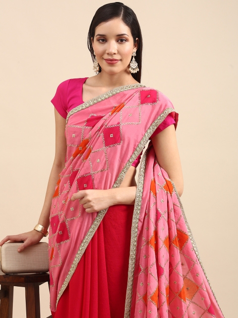 

Anouk Pink & Red Sequinned Pure Chiffon Half and Half Bhagalpuri Saree