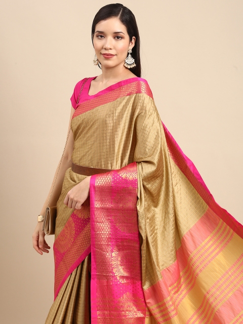 

Anouk Beige & Gold-Toned Checked Zari Pure Silk Kanjeevaram Saree