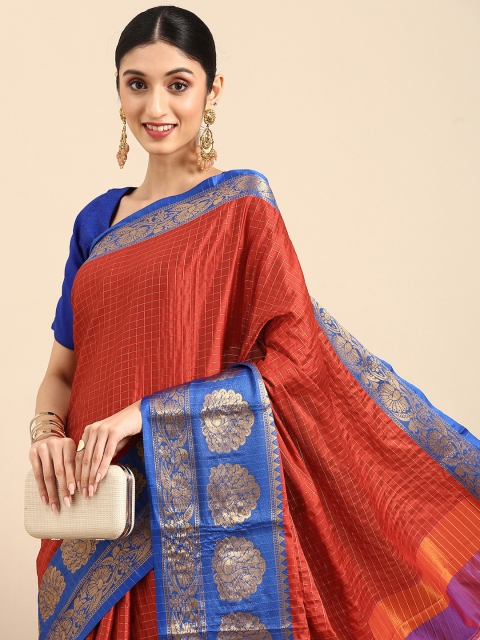 

Anouk Red & Blue Checked Woven Pure Silk Banarasi Saree