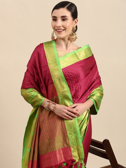 

Anouk Magenta & Gold-Toned Checked Zari Pure Silk Banarasi Saree