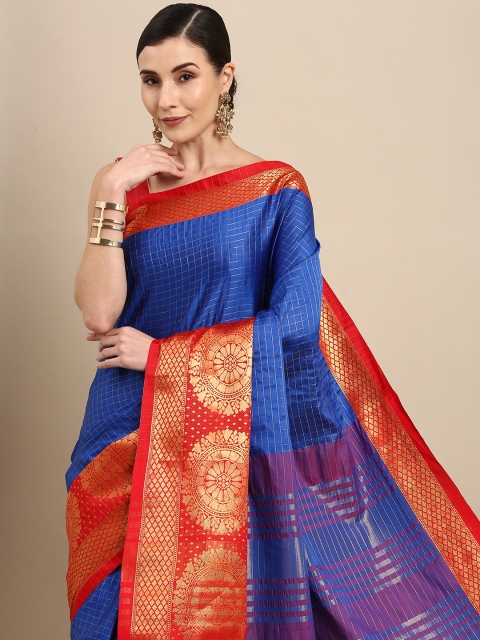 

Anouk Blue & Gold-Toned Checked Zari Pure Silk Kanjeevaram Saree