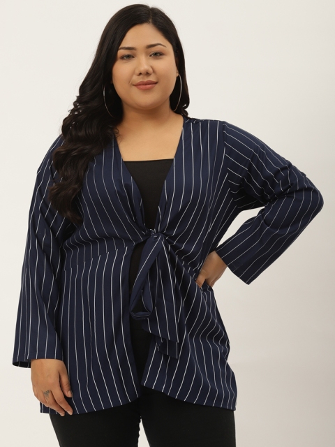 

Revolution Plus Size Women Navy Blue & White Striped Tie-Up Shrug