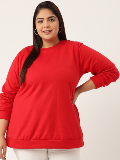 

Revolution Women Red Solid Round Neck Cotton Fleece Sweatshirt