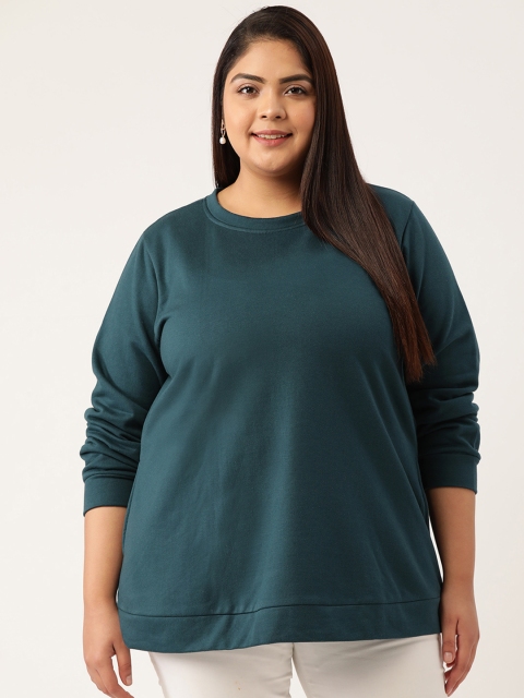 

Revolution Women Teal Green Solid Round Neck Cotton Fleece Sweatshirt