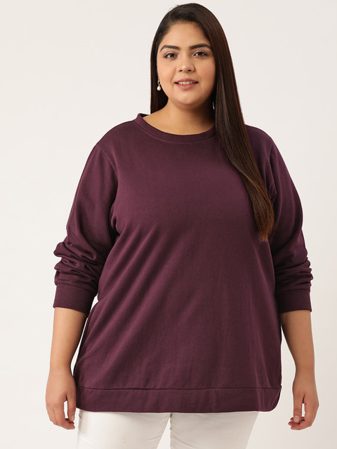 

Revolution Women Burgundy Solid Round Neck Cotton Fleece Sweatshirt