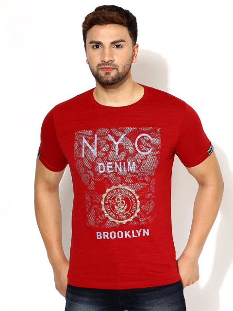 V2 Value & Variety Men Maroon Cotton Typography Printed Applique T-shirt