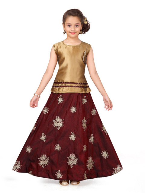 

Aarika Girls Gold-Toned & Maroon Ready to Wear Lehenga & Choli