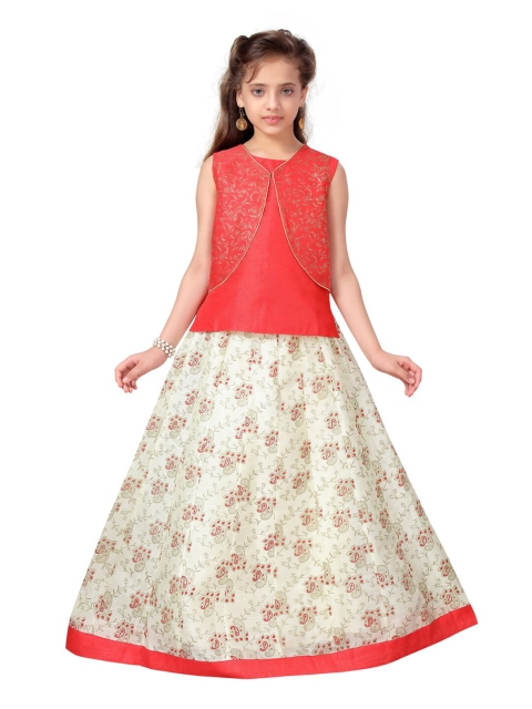 

Aarika Girls Red & Cream-Coloured Printed Ready to Wear Lehenga & Choli