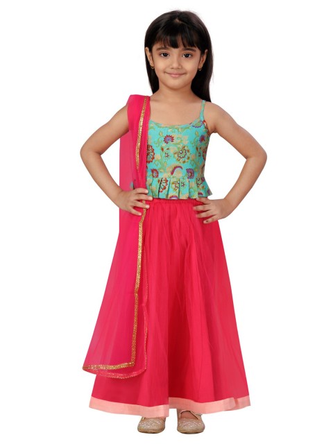 

Aarika Girls Green & Pink Printed Ready to Wear Lehenga & Blouse With Net Dupatta