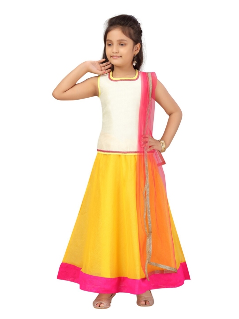 

Aarika Girls Yellow & White Ready to Wear Lehenga & Blouse With Dupatta