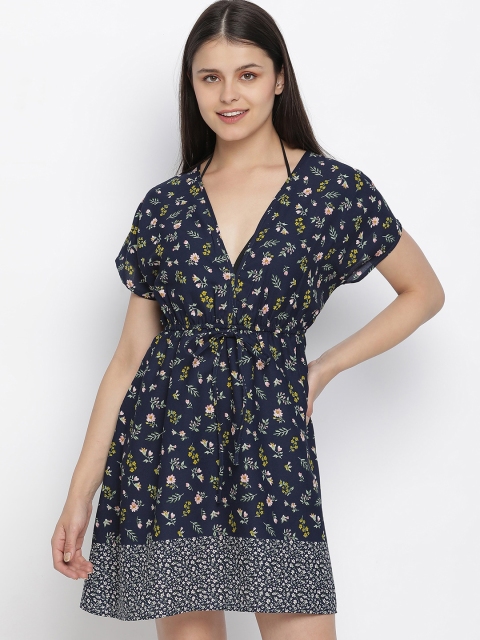 

Oxolloxo Women Navy Blue & Yellow Printed Kaftan Cover-Up Dress