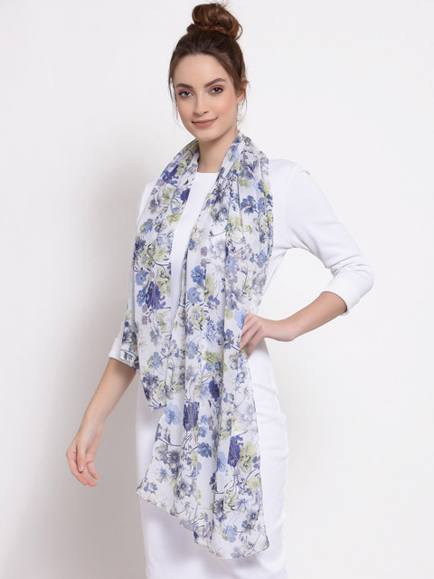 

J Style Women White & Blue Printed Cotton Stole