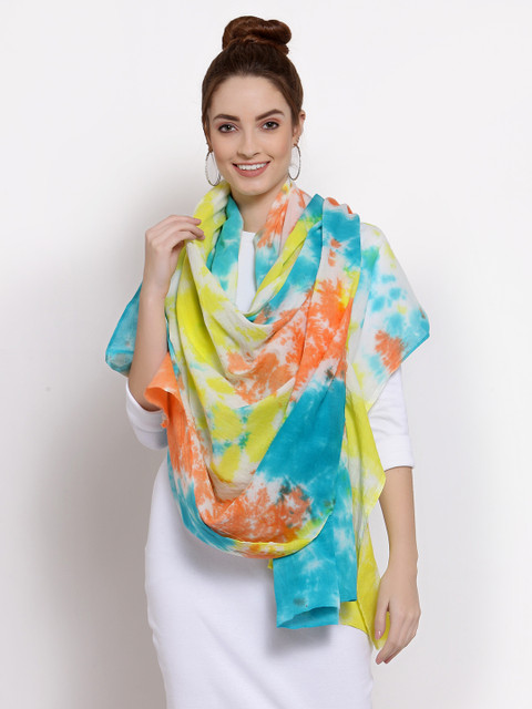 

J Style Women Turquoise Blue & Yellow Tie & Dye Printed Pure Cotton Stole