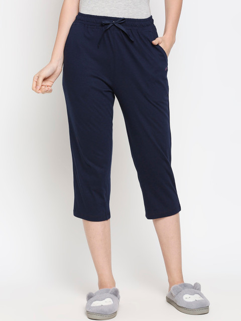 

XIN Women Navy Blue Solid Pure Cotton Lounge Capris