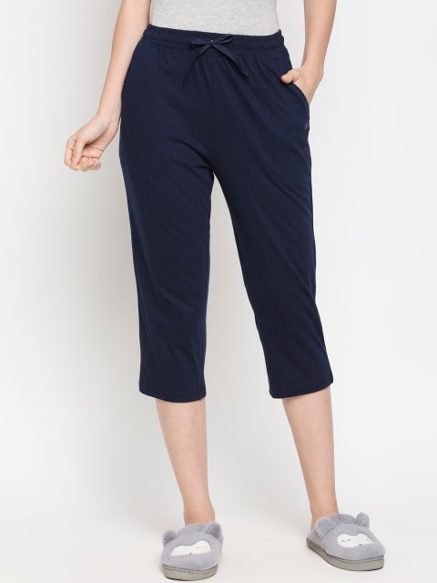 

XIN Women Navy Blue Solid Pure Cotton Relaxed-Fit Lounge Capris