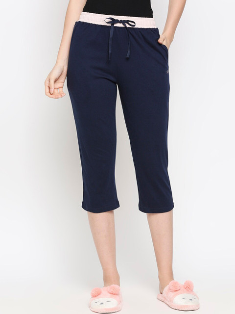 

XIN Women Navy Blue Solid Pure Cotton Relaxed-Fit Lounge Capris