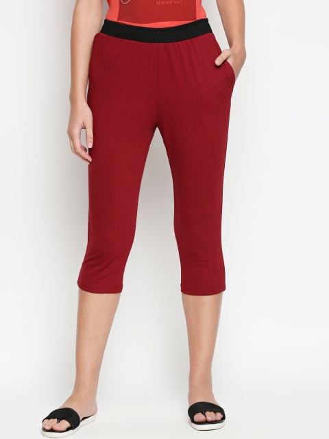 

XIN Women Maroon Solid Pure Cotton Relaxed-Fit Lounge Capris