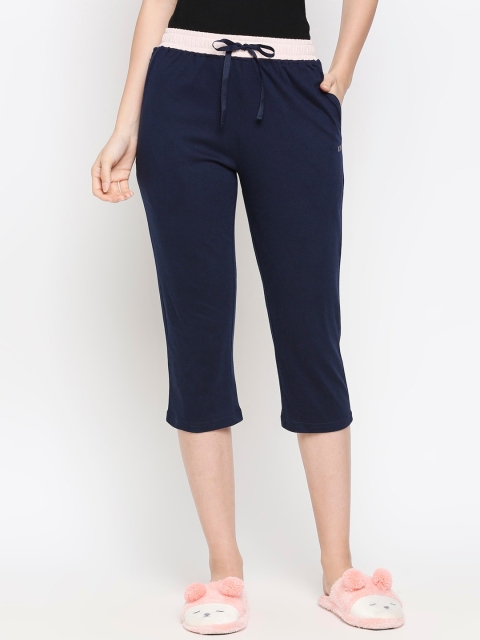 

XIN Women Navy Blue Solid Pure Cotton Lounge Capris