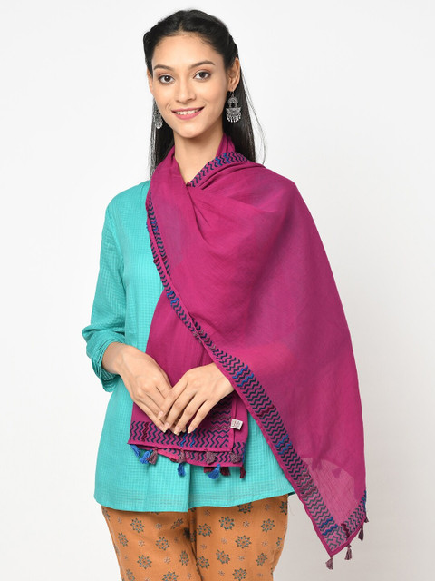 

Fabindia Women Magenta & Blue Embroidered Cotton Stole