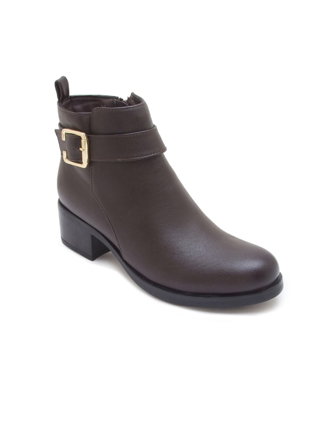 

CERIZ Brown Leather Block Heeled Boots with Buckles