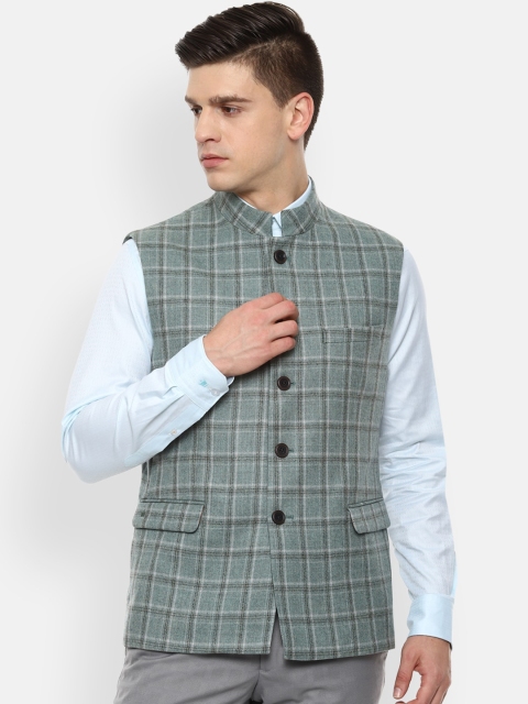 

Louis Philippe Men Grey Checked Slim-Fit Pure Wool Nehru Jacket