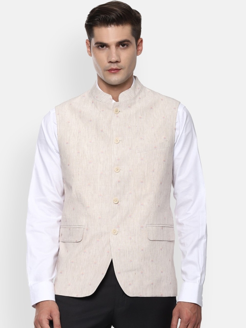 

Louis Philippe Men Cream Striped Slim-Fit Linen Nehru Jacket