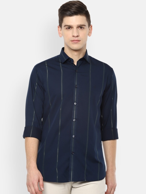 

V Dot Men Navy Blue & Green Slim Fit Opaque Striped Casual Shirt