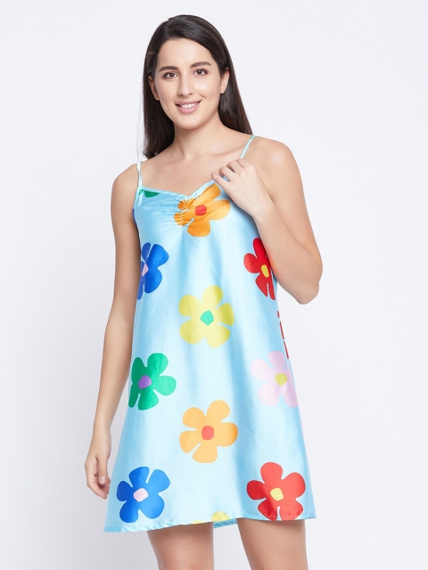 

Clovia Women Blue Floral Printed Satin Nightdress
