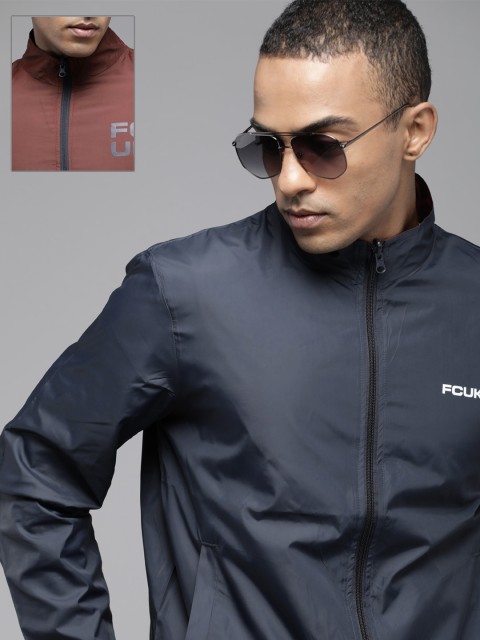 

French Connection Men Navy Blue Brand Logo Printed Reversible Sporty Jacket