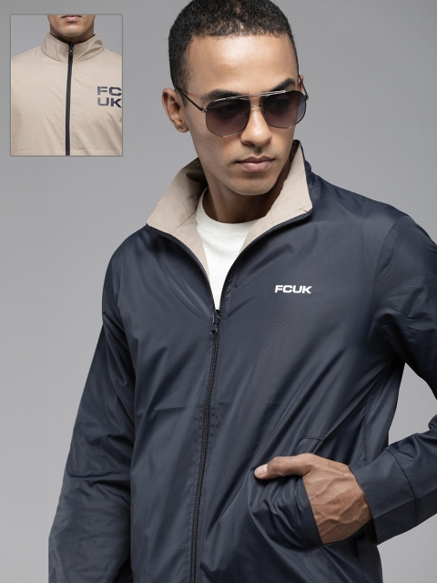 

French Connection Men Blue Brand Logo Printed Reversible Sporty Jacket