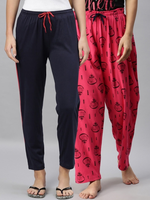 

Kryptic Pack Of 2 Womens Navy Blue & Fuchsia Cotton Printed Lounge Pants