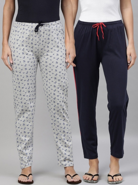 

Kryptic Pack Of 2 Womens Navy Blue & Grey Melange Cotton Printed Lounge Pants