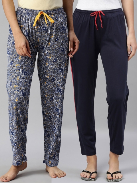 

Kryptic Pack Of 2 Womens Navy Blue & Blue Cotton Printed Lounge Pants