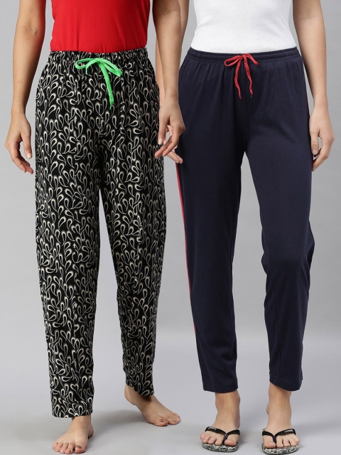 

Kryptic Women Pack of 2 Printed Pure Cotton Lounge Pants, Navy blue