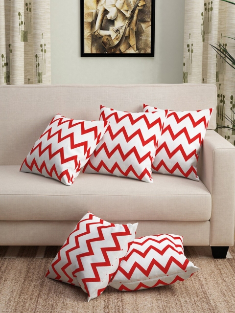 

Story@home Set Of 5 Red & White Geometric Printed Cotton Square Cushion Covers